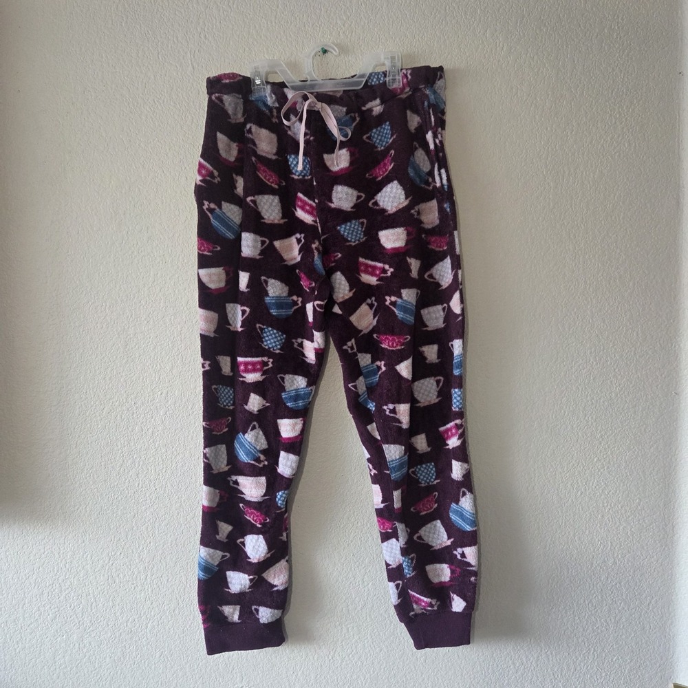 Joyspun PJ Pajama Lounge Pants Womens L 12-14 Soft Fleece Coffee Tea Cup Joggers